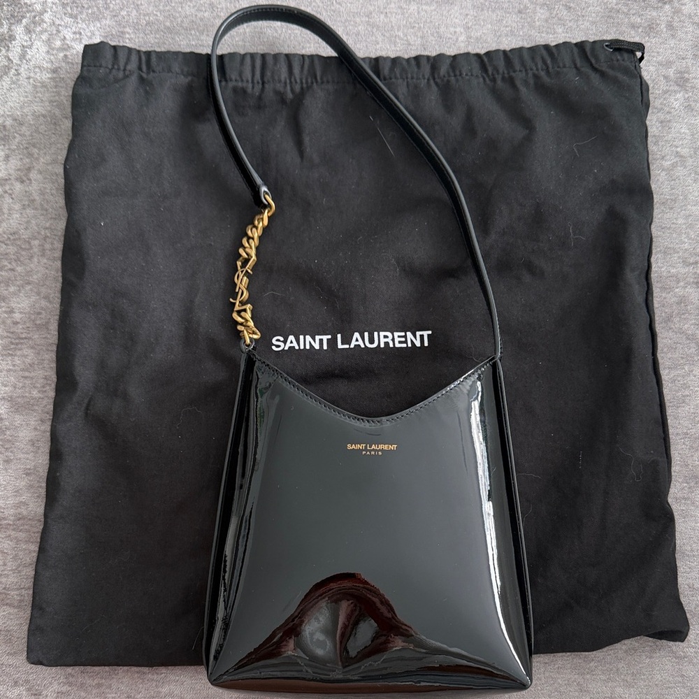 Saint Laurent Glossy Black Shoulder Bag with Gold Accent